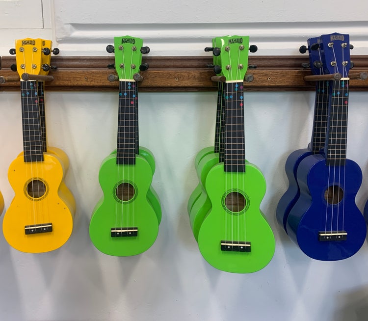 Ukuleles hanging in the music room