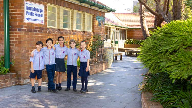 Students in front of school